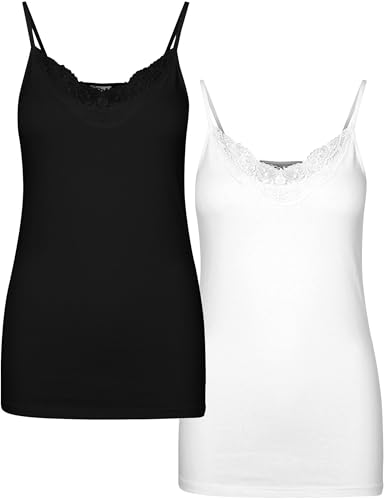 VERO MODA Damen Vminge Lace Singlet 2-pck Noos Petite Top, Black/Pack:bright White, XS Petite EU von VERO MODA