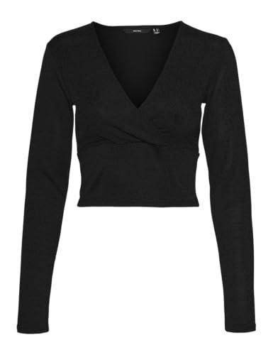 VERO MODA Damen Vmkanva Ls Glitter Short V-Neck Top JRS Langarmbluse, Black/Detail:Black Lurex, Small von VERO MODA