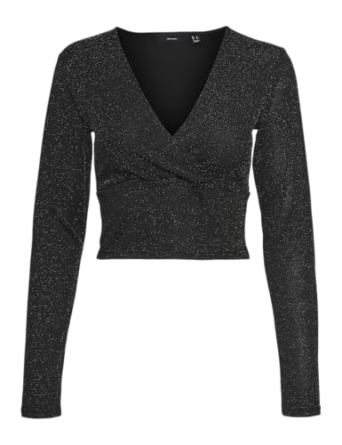 VERO MODA Damen Vmkanva Ls Glitter Short V-Neck Top JRS Langarmbluse, Black/Detail:Silver Lurex, Small von VERO MODA