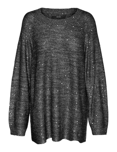 VERO MODA Damen Vmleilani New Ls O-Neck Long Pullover Strickpullover, Black/Detail:W. Silver Sequins, Large von VERO MODA