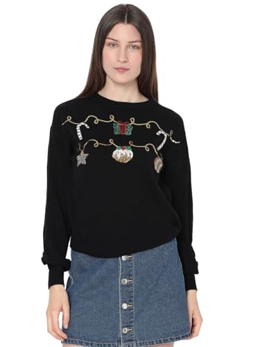 VERO MODA Damen VMNEWGARLAND LS O-Neck Pull. Xmas Strickpullover, Black/Detail:W. Sequins Artwork, XS von VERO MODA