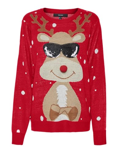 VERO MODA Damen Vmnewtinsel Ls O-Neck Pullover Man Xmas Strickpullover, Chinese Red/Detail:W. ARTOWRK, S von VERO MODA