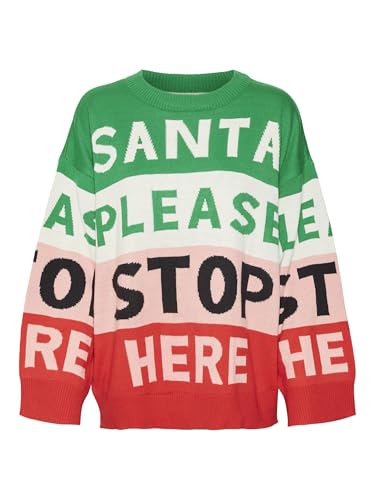 VERO MODA Damen VMSANTATEXT LS O-Neck Pullover Xmas Strickpullover, Jelly Bean/Detail:W. Birch + PINK + Chinese RED + Text AS Sample, L von VERO MODA
