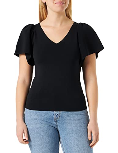 VERO MODA Damen Geripptes Rüschen T-Shirt Kurzarm V-Neck Top Strick Stretch Shirt Puffer Ärmel VMGINNY, Farben:Schwarz-2, Größe:M von VERO MODA