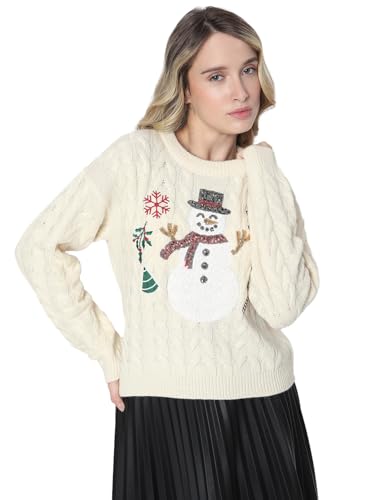 VERO MODA Damen Vmsnowman Cable Ls Short Pullover Xmas Strickpullover, Birch/Detail:W. SEQUINCES + Embroidery, L von VERO MODA