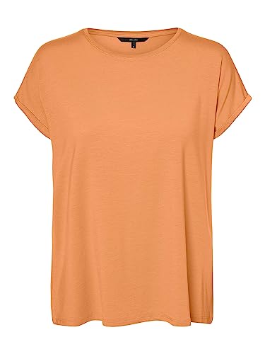 VERO MODA Damen Einfarbiges Stretch T-Shirt Basic Rundhals Top Oberteil Tief Angesetzte Schultern VMAVA, Farben:Orange, Größe:XL von VERO MODA