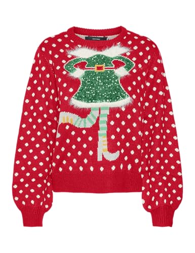 VERO MODA Damen Vmsparkle Elfie Ls O-Neck Pull. Xmas Strickpullover, Chinese Red/Detail:W. Birch+Light Grey+Jelly Bean+Yellow+Green Sequins, L von VERO MODA