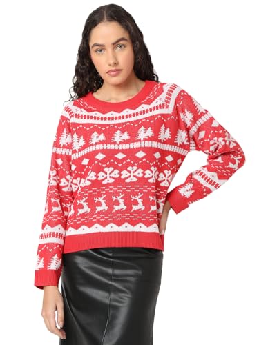 VERO MODA Damen Weihnachts Strick-Pullover VMFrosty Iceberry X-Mas Weihnachten 10309250 Chinese Red/Birch M von VERO MODA
