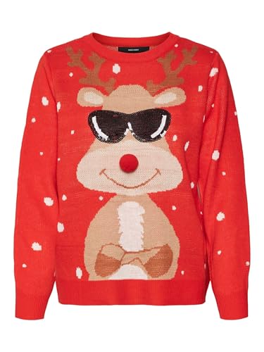 VERO MODA Damen Weihnachts Strick-Pullover VMNew Tinsel Rentier Weihnachten 10309503 Chinese Red Artwork XL von VERO MODA