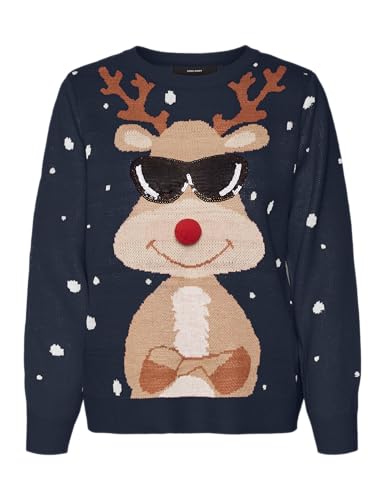 VERO MODA Damen Weihnachts Strick-Pullover VMNew Tinsel Rentier Weihnachten 10309503 Navy Blazer Artwork L von VERO MODA