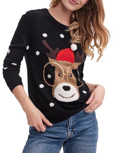 VERO MODA Damen Weihnachts Strick-Pullover VMTinsel Weihnachten Rentier 10320422 Black W. Snow White M von VERO MODA