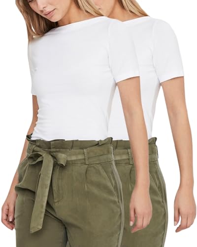 VERO MODA Damen kurzärmeliges Basic T-Shirt mit Rundhalsausschnitt, Multi-Set, Top aus Baumwoll-Modal-Mix (S, Doppelpack 2xWhite) von VERO MODA