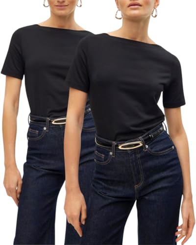 VERO MODA Damen kurzärmeliges Basic T-Shirt mit Rundhalsausschnitt, Multi-Set, Top aus Baumwoll-Modal-Mix (XL, Doppelpack 2X Black) von VERO MODA