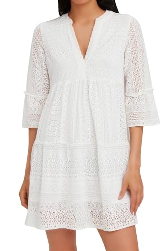 VERO MODA Damen Mini-Kleid Tunika aus Häkelspitze VMHoney Lace 3/4 Arm V-Neck 10275875 Snow White M von VERO MODA