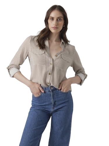 VERO MODA Damen Vmbumpy L/S Shirt New Wvn Noos Langarmshirt, Brown Lentil/Stripes:snow White, XXL von VERO MODA