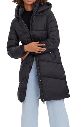 VERO MODA Damen Steppmantel VMUppsala Coat lange gefütterte Jacke mit Kapuze 10303021 Black M von VERO MODA