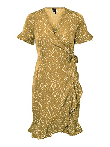 VERO MODA Damen Kurzes Wickelkleid Kurzarm V-Ausschnitt Mini Dress mit Rüschen Oberschenkellang VMHENNA, Farben:Gelb,Größe Damen:XS von VERO MODA