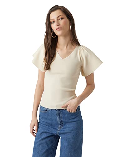 VERO MODA Damen Geripptes Rüschen T-Shirt Kurzarm V-Neck Top Strick Stretch Shirt Puffer Ärmel VMGINNY, Farben:Beige, Größe:L von VERO MODA