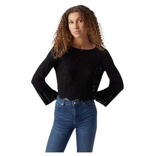 VERO MODA Damen Feinstrick Pullover Legereres Strick Muster Oberteil Weicher Longsleeve, Farben:Schwarz, Größe:L von VERO MODA