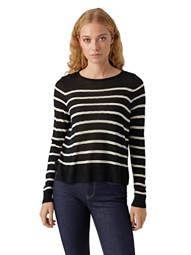 VERO MODA Damen Feinstrick Pullover Rundhals Sweater Streifen Weicher Longsleeve VMNOVA, Farben:Schwarz-2, Größe:M von VERO MODA