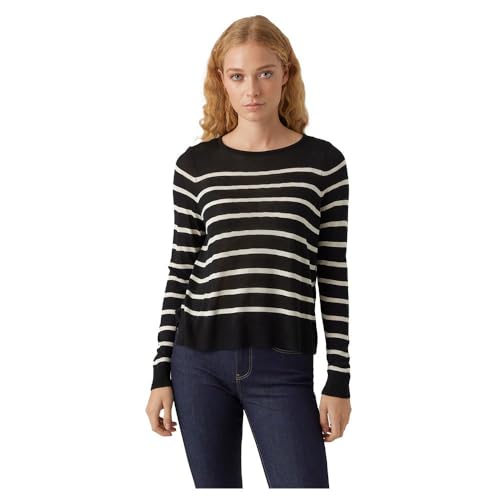 VERO MODA Damen Feinstrick Pullover Rundhals Sweater Streifen Weicher Longsleeve VMNOVA, Farben:Schwarz-2, Größe:M von VERO MODA