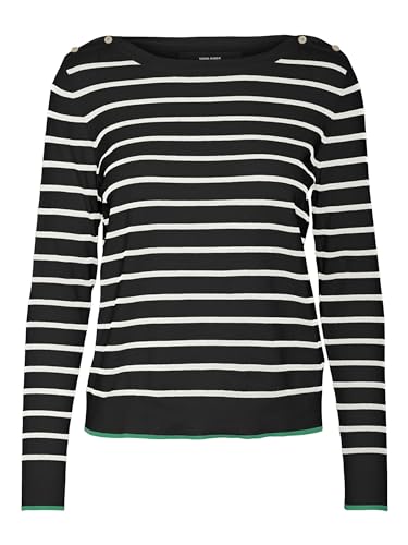 Vero Moda Women's VMALMA LS Boatneck Button Pullove GA Boo L/S Strickware, Black/Stripes:Snow White + Bright Green Contrast Edge, XS von VERO MODA