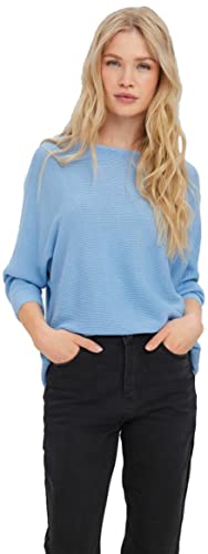 VERO Moda Damen Rippstrick Pullover U-Ausschnitt 3/4 Langarm Basic Knitted Stretch Sweater VMNORA, Farben:Blau, Größe:XS von VERO MODA