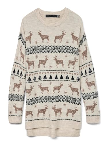 VERO MODA Damen VMDEERS LS O-Neck H/L Long Pull. Xmas Strickpullover, Birch/Detail:W. Brown Lentil+Black, XS von VERO MODA