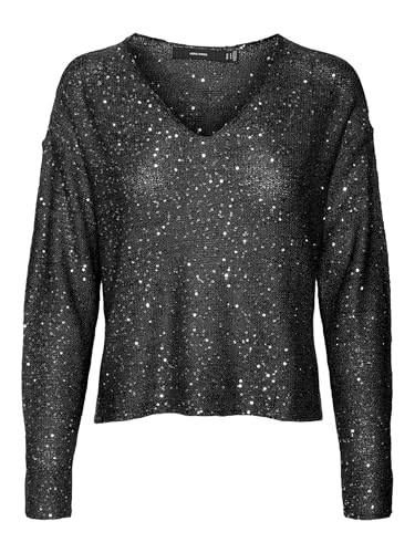 VERO MODA Damen Vmleilani New Ls V-Neck Pullover Strickpullover, Black/Detail:W. Silver Sequins, Large von VERO MODA