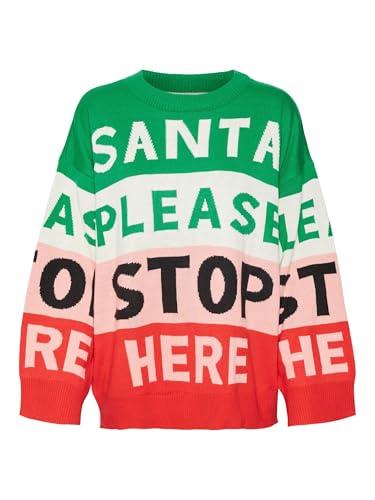 VERO MODA Damen VMSANTATEXT LS O-Neck Pullover Xmas Strickpullover, Jelly Bean/Detail:W. Birch + PINK + Chinese RED + Text AS Sample, S von VERO MODA