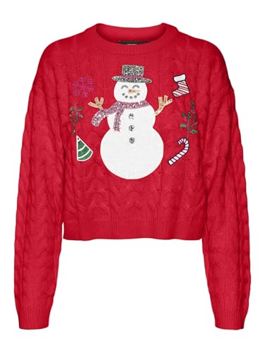VERO MODA Damen Vmsnowman Cable Ls Short Pullover Xmas Strickpullover, Chinese Red/Detail:W. SEQUINCES + Embroidery, M von VERO MODA
