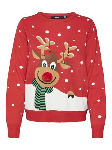 VERO MODA Damen Weihnachts Strick-Pullover VMSnowy Deer Rentier Weihnachten 10315636 Chinese Red XS von VERO MODA