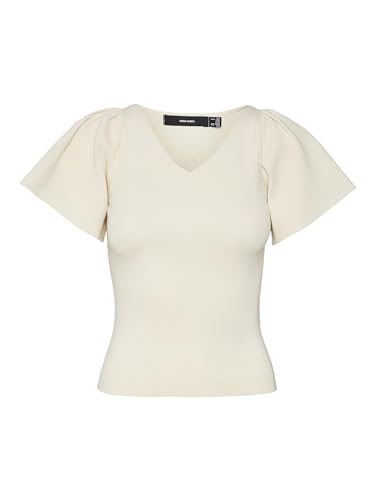 VERO MODA Damen Geripptes Rüschen T-Shirt Kurzarm V-Neck Top Strick Stretch Shirt Puffer Ärmel VMGINNY, Farben:Beige, Größe:M von VERO MODA