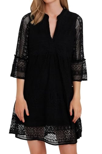 VERO MODA Damen Mini-Kleid Tunika aus Häkelspitze VMHoney Lace 3/4 Arm V-Neck 10275875 Black S von VERO MODA