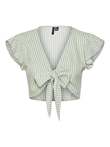 VERO MODA Damen Vmmymilo Sl Crop Tie WVN Ga Top, Reseda/Stripes:Snow White, S EU von VERO MODA