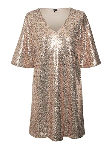 Vero Moda Women's VMNANNA 2/4 O-Neck Short Dress JRS BTQ Kleid, Gold Colour/Detail:Multi Color Sequins, XS von VERO MODA