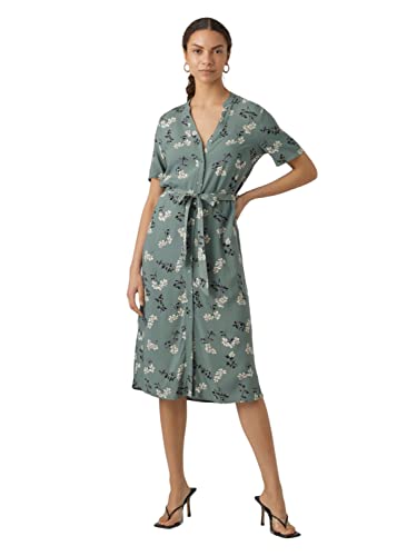 VERO MODA Damen Midi Blusen Kleid Kurzarm V-Ausschnitt Tunika Dress mit Knopfleiste & Gürtel VMVICA, Farben:Grün,Größe Damen:XS von VERO MODA