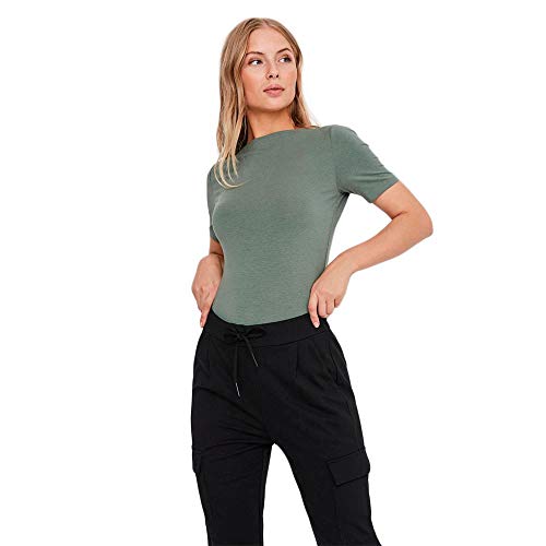 VERO MODA Damen Einfarbiges Stretch T-Shirt Basic Top Kurzarm Oberteil mit U-Boot-Ausschnitt VMPANDA, Farben:Grün-2, Größe:L von VERO MODA