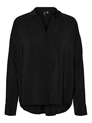 VERO MODA Damen Oversized Hemdbluse Seidig Legeres Oberteil Glänzendes Shirt VMQUEENY, Farben:Schwarz, Größe:M von VERO MODA