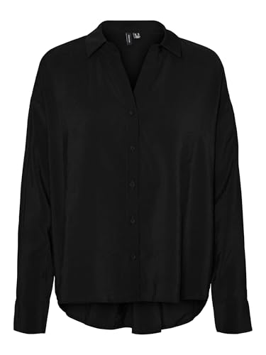 VERO MODA Damen Oversized Hemdbluse Seidig Legeres Oberteil Glänzendes Shirt VMQUEENY, Farben:Schwarz, Größe:S von VERO MODA