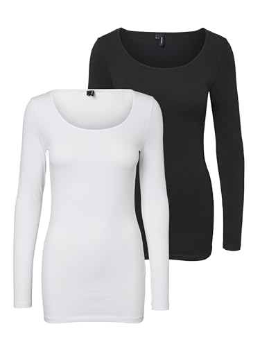 Vero Moda Damen VMMAXI My LS Soft Long U-Neck GA 2 PCK Longsleeve, Bright White/Pack:Black, XS von VERO MODA