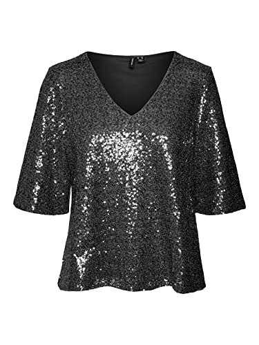 Vero Moda T-Shirt von Pailletten V-Ausschnitt und kurze Ärmel, weiche Passform., Nero, X-Small von VERO MODA