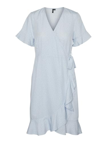 Vero Moda Women's VMHENNA 2/4 WRAP Frill Dress WVN NOOS Kleid, Skyway/AOP:White Tiny dots, L von VERO MODA