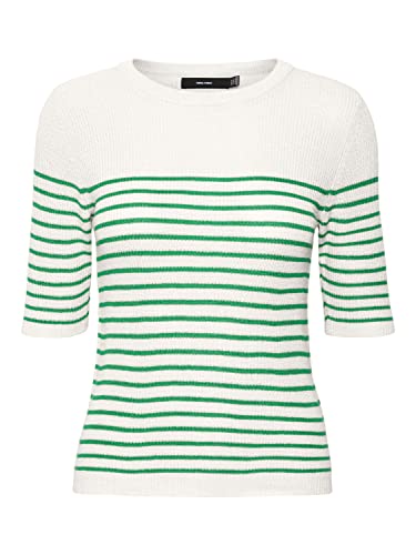 Vero Moda Women's VMNEWLEXSUN 2/4 Tight O-Neck BLOU GA REP Pullover, Snow White/Detail:W Bright Green Stripes, L von VERO MODA