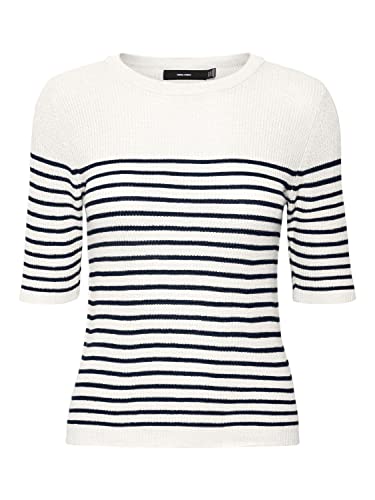 Vero Moda Women's VMNEWLEXSUN 2/4 Tight O-Neck BLOU GA REP Pullover, Snow White/Detail:W Navy Blazer Stripes, L von VERO MODA