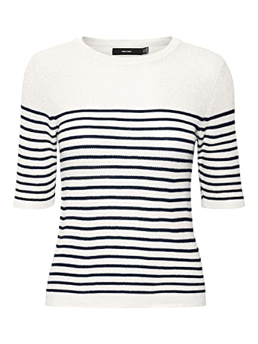 Vero Moda Women's VMNEWLEXSUN 2/4 Tight O-Neck BLOU GA REP Pullover, Snow White/Detail:W Navy Blazer Stripes, XS von VERO MODA