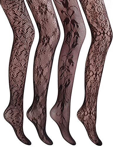 VERO MONTE Damen 4 styles netzstrumpfhose gemusterte strümpfe fischnetz kleines loch (größe: 5'5" - 5'11" / gewicht: 100-180lbs) floral knit patterned, schwarz, 4 paar 4 styles von VERO MONTE