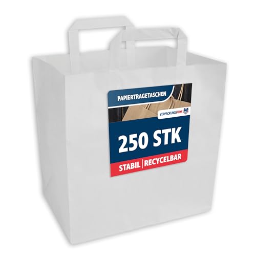 VERPACKUNGSFUXX Papiertüten aus Kraftpapier 70 g/qm | unbedruckt weiß 26x17x25 cm | Papiertaschen mit gefaltetem Henkel lebensmittelunbedenklich | nachhaltige Einkaufstasche von VERPACKUNGSFUXX
