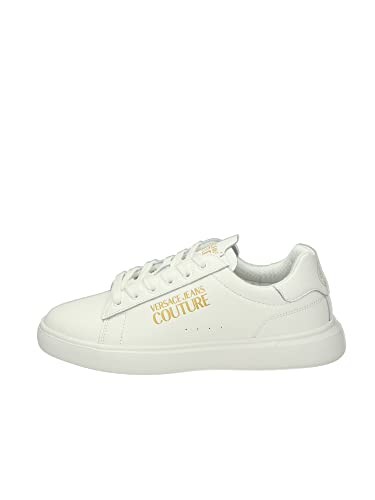 VERSACE JEANS COUTURE Niedrige Sneakers aus Kunstleder in Weiß mit goldenem Logo, Weiß, 37 EU von VERSACE JEANS COUTURE
