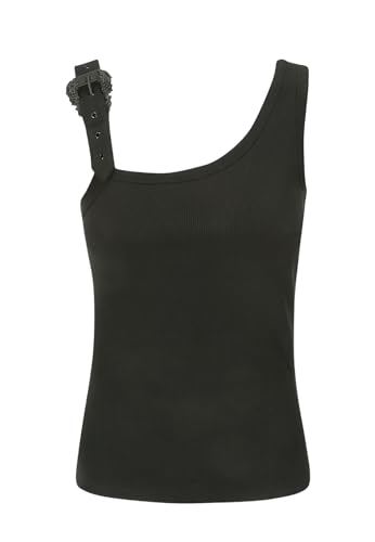 VERSACE JEANS COUTURE Schwarzes Damen Tanktop mit Barockschnalle aus Ripp, Schwarz , 42 von VERSACE JEANS COUTURE